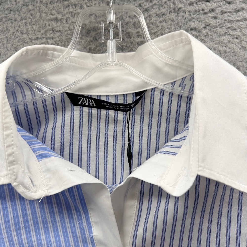 NWT Zara Blue Striped Patchwork Cropped Long Sleeve Button Up Top Shirt Size S - Picture 10 of 12